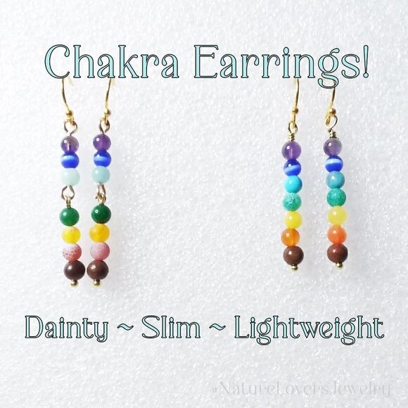 7 Chakra Earrings! Dainty + Slim Dangle Earrings with Semi Precious Stones - Picture 11 of 11